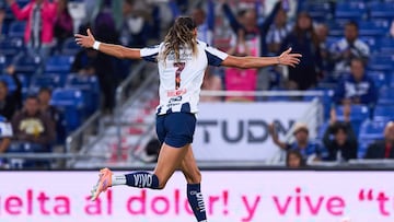 Christina Burkenroad celebrates her goal 2-1 of Monterrey  during the 17th round match between Monterrey and Atlas as part of the Liga BBVA MX Femenil, Torneo Apertura 2025 at BBVA Bancomer Stadium, on October 31, 2025 in Monterrey, Nuevo Leon, Mexico.