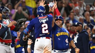 Venezuela's infielder #02 Alcides Escobar celebrates after hitting a home run during the Caribbean Series baseball game between Panama and Venezuela at Marlins Park in Miami, Florida, on February 6, 2024. (Photo by Chandan Khanna / AFP)