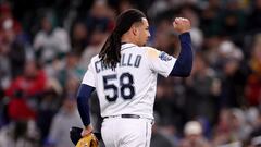 SEATTLE, WASHINGTON - APRIL 04: Luis Castillo #58 of the Seattle Mariners reacts during the sixth inning against the Los Angeles Angels at T-Mobile Park on April 04, 2023 in Seattle, Washington.   Steph Chambers/Getty Images/AFP (Photo by Steph Chambers / GETTY IMAGES NORTH AMERICA / Getty Images via AFP)