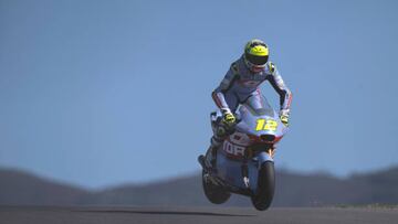 LAGOA, ALGARVE, PORTUGAL - MARCH 25:  Filip Salac of Czech Republic and Gresini Racing Moto2 jumps with the bike during the MotoGP Of Portugal - Qualifying at Autodromo do Algarve on March 25, 2023 in Lagoa, Algarve, Portugal. (Photo by Mirco Lazzari gp/Getty Images)