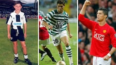 Cristiano Ronaldo con las camisetas de Nacional de Madeira, Sporting de Portugal y Manchester United.