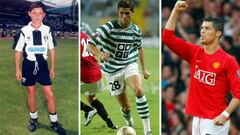 Cristiano Ronaldo con las camisetas de Nacional de Madeira, Sporting de Portugal y Manchester United.