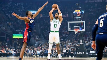 Jayson Tatum #0 of the Boston Celtics shoots over Evan Mobley #4 of the Cleveland Cavaliers during the first quarter at Rocket Arena on March 08, 2026 in Cleveland, Ohio.