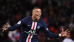 Paris Saint-Germain&#039;s French forward Kylian Mbappe celebrates after scoring a goal during the French L1 football match between Paris Saint-Germain (PSG) and Dijon, on February 29, 2020 at the Parc des Princes stadium in Paris. (Photo by FRANCK FIFE /
