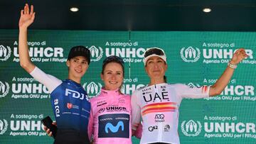 PADOVA, ITALY - JULY 10: (L-R) Marta Cavalli of Italy and Team FDJ Nouvelle - Aquitaine Futuroscope on second place, race winner Annemiek Van Vleuten of Netherlands and Movistar Team and Margarita Victoria Garcia Cañellas of Spain and UAE Team Adq on third place, celebrate during the podium ceremony after the 33rd Giro d'Italia Donne 2022 - Stage 10 a 90,5km stage from Abano Terme to Padova / #GiroDonne / #UCIWWT / on July 10, 2022 in Padova, Italy. (Photo by Dario Belingheri/Getty Images,)