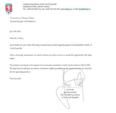 La República Checa cancela el amistoso contra Argentina