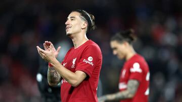 LIVERPOOL, ENGLAND - DECEMBER 30: Kostas Tsimikas of Liverpool applauds the fans following the Premier League match between Liverpool FC and Leicester City at Anfield on December 30, 2022 in Liverpool, England. (Photo by Naomi Baker/Getty Images)