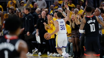 Golden State Warriors guard Stephen Curry (C) runs out the game clock while getting the Warriors fans to cheer in the final seconds of the second half of the Western Conference First Round playoff game three between the Houston Rockets and the Golden State Warriors in San Francisco, California, USA, 26 April 2025.