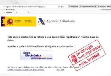 Ciberdelincuentes que suplantan a la Agencia Tributaria: si recibes este correo podr¨ªas ser hackeado