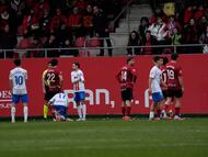Un instante del partido entre el Mirandés y el Andorra.