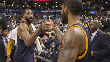 May 7, 2017; Toronto, Ontario, CAN;  Cleveland Cavaliers center Tristan Thompson (13) celebrates with Cavaliers guard Kyrie Irving (2) after the second round of game four of the 2017 NBA Playoffs against the Toronto Raptors at Air Canada Centre. Mandatory Credit: Nick Turchiaro-USA TODAY Sports