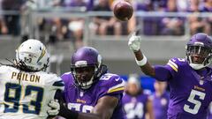 Aug 28, 2016; Minneapolis, MN, USA;  Minnesota Vikings quarterback Teddy Bridgewater (5) throws during the first quarter in a preseason game against the San Diego Chargers at U.S. Bank Stadium. Mandatory Credit: Brace Hemmelgarn-USA TODAY Sports