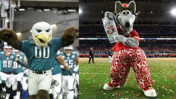Swoop y K.C.Wolf, las mascotas de Philadelphia Eagles y Kansas City Chiefs.