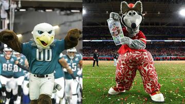 Swoop y K.C.Wolf, las mascotas de Philadelphia Eagles y Kansas City Chiefs.