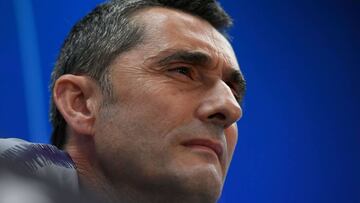 Barcelona's Spanish coach Ernesto Valverde gives a press conference at the Joan Gamper Sports Center in Sant Joan Despi on March 12, 2019 on the eve of the Champions League round of 16, second leg football match between FC Barcelona and Olympique Lyo