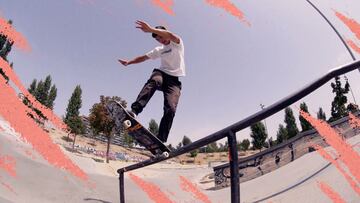 Un skater plancha un Taleslide en un rail de un skatepark de Madrid, con animaciones gráficas de la imagen del Madrid Urban Sports.