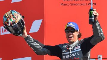 MotoGP - San Marino Grand Prix - Misano World Circuit Marco Simoncelli, Misano, Italy - September 13, 2020 Petronas Yamaha SRT&#039;s Franco Morbidelli celebrates winning the MotoGP race on the podium REUTERS/Massimo Pinca