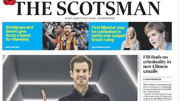 Portada de The Scotsman del 7 de noviembre de 2016 dedicada a Andy Murray tras su victoria ante John Isner en la final del Masters 1.000 de Par&iacute;s-Bercy y coronarse como n&uacute;mero 1 del mundo.