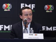 Juan Carlos Rodriguez President of the Mexican Soccer Federation and Mikel Arriola President of Liga BBVA MX during the FMF (Mexican Football Federation) and Liga BBVA MX Press Conference, in the Salon Castillo of the Intercontinental Hotel in Mexico City, on June 12, 2023.
<br><br>
Juan Carlos Rodriguez Presidente de la Federacion Mexicana de Futbol y Mikel Arriola Presidente de la Liga BBVA MX durante la conferencia Conferencia de Prensa FMF (Federacion Mexicana de Futbol) y Liga BBVA MX, en el Salon Castillo del Hotel Intercontinental de la Ciudad de Mexico, el 12 de Junio de 2023.