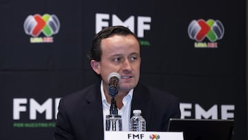 Juan Carlos Rodriguez President of the Mexican Soccer Federation and Mikel Arriola President of Liga BBVA MX during the FMF (Mexican Football Federation) and Liga BBVA MX Press Conference, in the Salon Castillo of the Intercontinental Hotel in Mexico City, on June 12, 2023.
<br><br>
Juan Carlos Rodriguez Presidente de la Federacion Mexicana de Futbol y Mikel Arriola Presidente de la Liga BBVA MX durante la conferencia Conferencia de Prensa FMF (Federacion Mexicana de Futbol) y Liga BBVA MX, en el Salon Castillo del Hotel Intercontinental de la Ciudad de Mexico, el 12 de Junio de 2023.
