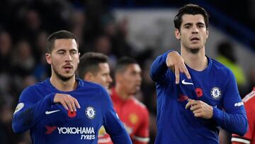Eden Hazard and &Aacute;lvaro Morata playing for Chelsea against Man United. 