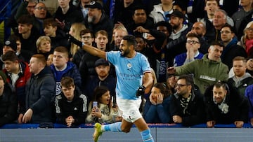 Soccer Football - Premier League - Chelsea v Manchester City - Stamford Bridge, London, Britain - January 5, 2023 Manchester City's Riyad Mahrez celebrates scoring their first goal Action Images via Reuters/John Sibley EDITORIAL USE ONLY. No use with unauthorized audio, video, data, fixture lists, club/league logos or 'live' services. Online in-match use limited to 75 images, no video emulation. No use in betting, games or single club /league/player publications.  Please contact your account representative for further details.