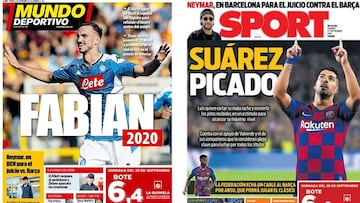 Portadas de Mundo Deportivo y Sport del 27 de septiembre de 2019 con Fabi&aacute;n Ruiz y Luis Su&aacute;rez como protagonistas.