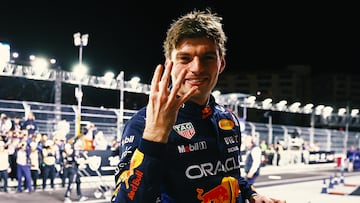 LAS VEGAS, NEVADA - NOVEMBER 23: 2024 F1 World Drivers Champion Max Verstappen of the Netherlands and Oracle Red Bull Racing celebrates in parc ferme during the F1 Grand Prix of Las Vegas at Las Vegas Strip Circuit on November 23, 2024 in Las Vegas, Nevada. (Photo by Mark Thompson/Getty Images)