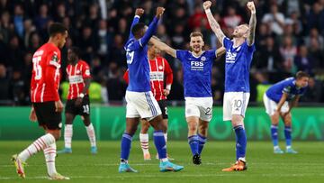 EINDHOVEN, NETHERLANDS - APRIL 14: Patson Daka, Kiernan Dewsbury-Hall and James Maddison of Leicester City celebrate following their side's victory and advancement in the UEFA Conference League Quarter Final Leg Two match between PSV Eindhoven and Le