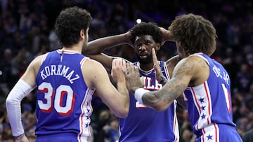 Joel Embiid #21 of the Philadelphia 76ers reacts during the third quarter against the Toronto Raptors at the Wells Fargo Center on November 02, 2023 in Philadelphia, Pennsylvania.