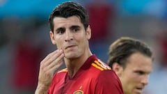 Spain&#039;s forward Alvaro Morata reacts after missing a chance during the UEFA EURO 2020 Group E football match between Spain and Sweden at La Cartuja Stadium in Sevilla on June 14, 2021. (Photo by THANASSIS STAVRAKIS / POOL / AFP)