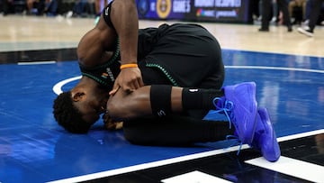 Anthony Edwards #5 of the Minnesota Timberwolves reacts to an apparent injury in the second quarter against the Denver Nuggets of Game Four of the First Round of the 2026 NBA Western Conference Playoffs at Target Center on April 25, 2026 in Minneapolis, Minnesota.
