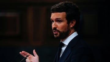 FILE PHOTO: Pablo Casado, leader of Popular Party (PP) speaks during a session at Parliament in Madrid, Spain, June 30, 2021. REUTERS/Susana Vera/Pool/File Photo