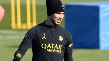 Paris Saint-Germain's Moroccan defender Achraf Hakimi looks on during a training session at club's training ground in Saint-Germain-en-Laye, west of Paris on March 3, 2023, on the eve of the L1 football match against Nantes. - Paris Saint-Germain's Moroccan defender Achraf Hakimi was charged with rape, prosecutors told AFP on March 3, 2023. (Photo by Franck FIFE / AFP) (Photo by FRANCK FIFE/AFP via Getty Images)