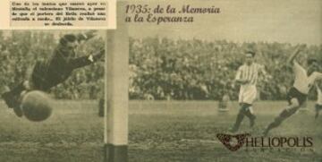 15ª Jornada, Mestalla, domingo 10-03-1935: Valencia FC-3 BETIS BALOMPIÉ-1 (UNAMUNO). El valencianista José VILANOVA Rubio, remata uno de sus goles, mientras Joaquín URQUIAGA Legarburu no puede hacer nada a pesar de su estirada.