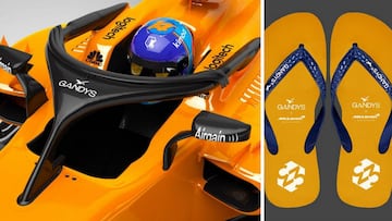 El logotipo de Gadys en el Halo del McLaren y las chanclas que lanzarán como edición especial.