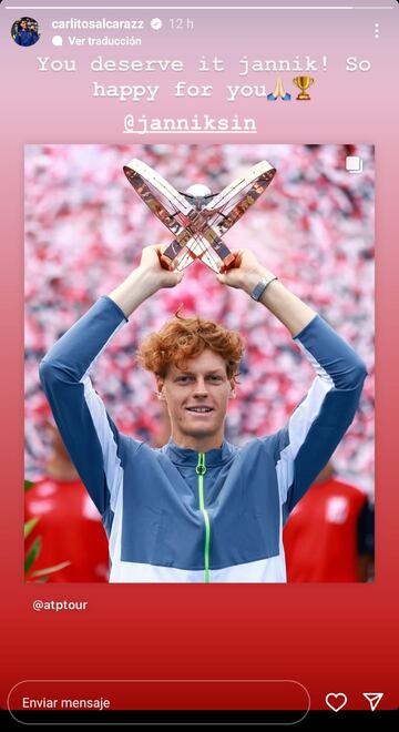 Story de Instagram en la que Carlos Alcaraz felicitó a Jannik Sinner por su victoria en el Masters 1.000 de Canadá