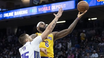 October 14, 2021; Sacramento, California, USA; Los Angeles Lakers forward LeBron James (6) shoots the basketball against Sacramento Kings center Alex Len (25) during the second quarter at Golden 1 Center. Mandatory Credit: Kyle Terada-USA TODAY Sports