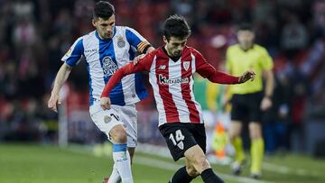 Bilbao, northern Spain, Friday, March, 08, 2019. Markel Susaeta, Javier Lopez during the Spanish La Liga soccer match between Athletic Club Bilbao and R.C.D Espanyol at San Mames stadium.