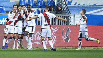 VITORIA-GASTEIZ, SPAIN - JANUARY 28: Raul de Tomas Gomez celebrates after scoring during the La Liga match between Deportivo Alaves and Rayo Vallecano de Madrid at Estadio de Mendizorroza on January 28, 2019 in Vitoria-Gasteiz, Spain. (Photo by Juan Manue