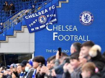 Fans wait for kick-off ahead of the English Premier League football match between Chelsea and Newcastle United at Stamford Bridge in London on March 13, 2022.