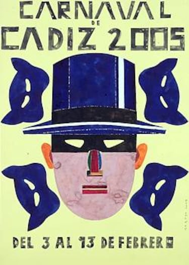 El artista madrileño presentó un cartel polémico en el concurso del Falla por su aparente simplicidad. Un rostro con antifaz y sombrero de copa, rodeado de otros antifaces, compone una imagen que no pasó desapercibida y despertó críticas y debate.