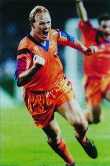 193 goles en 533 partidos. Jug¨® en los tres clubes m¨¢s importantes de Holanda antes de fichar por el Barcelona. Form¨® parte del 'Dream Team' blaugrana con el que gan¨® la primera Copa de Europa para los catalanes. En su haber tiene 4 Ligas holandesas, 4 Ligas espa?olas, 3 Copas holandesas, 1 Copa del Rey, 3 Supercopas de Espa?a, 2 Copas de Europa (PSV y Barcelona), 1 Supercopa de Europa y 1 Eurocopa (con Holanda). En la imagen, Koeman celebra el 0-1 a la Sampdoria en la final de la Copa de Europa de 1992.