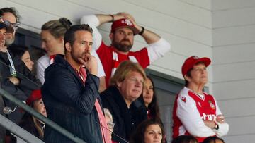 Soccer Football - England - League Two - Wrexham v Milton Keynes Dons - Racecourse Ground, Wrexham, Britain - August 5, 2023 Wrexham co-owner Ryan Reynolds looks dejected after Milton Keynes Dons' Mohamed Eisa scores their second goal Action Images via Reuters/Ed Sykes EDITORIAL USE ONLY. No use with unauthorized audio, video, data, fixture lists, club/league logos or 'live' services. Online in-match use limited to 75 images, no video emulation. No use in betting, games or single club /league/player publications.  Please contact your account representative for further details.