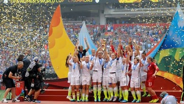 Players from the United States react after winning the FIFA 2015 Women's World Cup.