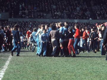 Manchester City's Denis Law scored the only goal in the 1974 derby which relegated his old club to Division Two.