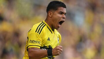 Jun 22, 2024; Columbus, Ohio, USA; Columbus Crew forward Cucho Hernandez (9) celebrates after scoring a second goal in the first half against Sporting Kansas City at Lower.com Field. Mandatory Credit: Joseph Maiorana-USA TODAY Sports