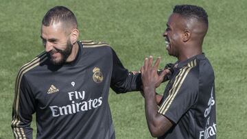 Benzema y Vinicius, durante un entrenamiento del Real Madrid.