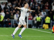 Real Madrid's Turkish midfielder #15 Arda Guler celebrates scoring his team's fourth goal during the Spanish league football match between Real Madrid CF and Elche CF at the Santiago Bernabeu Stadium in Madrid on March 14, 2026. (Photo by Oscar DEL POZO / AFP)