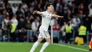 Real Madrid's Turkish midfielder #15 Arda Guler celebrates scoring his team's fourth goal during the Spanish league football match between Real Madrid CF and Elche CF at the Santiago Bernabeu Stadium in Madrid on March 14, 2026. (Photo by Oscar DEL POZO / AFP)